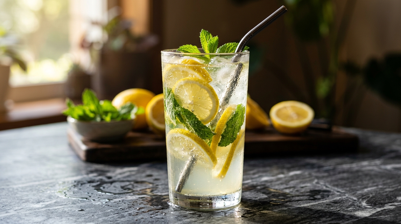 Proteinová limonáda z clear proteinu s citronem a mátou